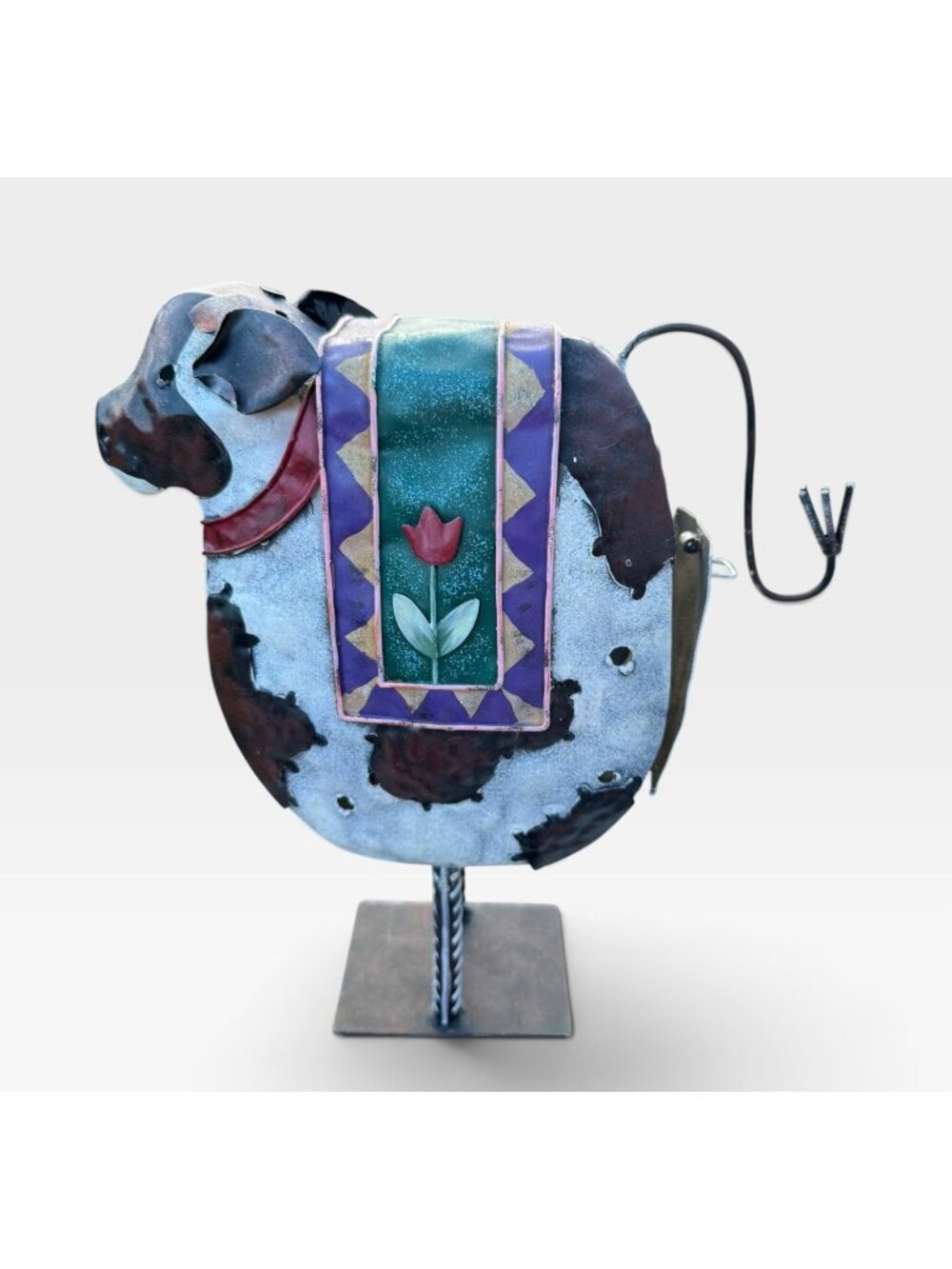 Votive Candle ~ Metal Cow Figurine With Floral Detail - Rustic Farmhouse Decor -